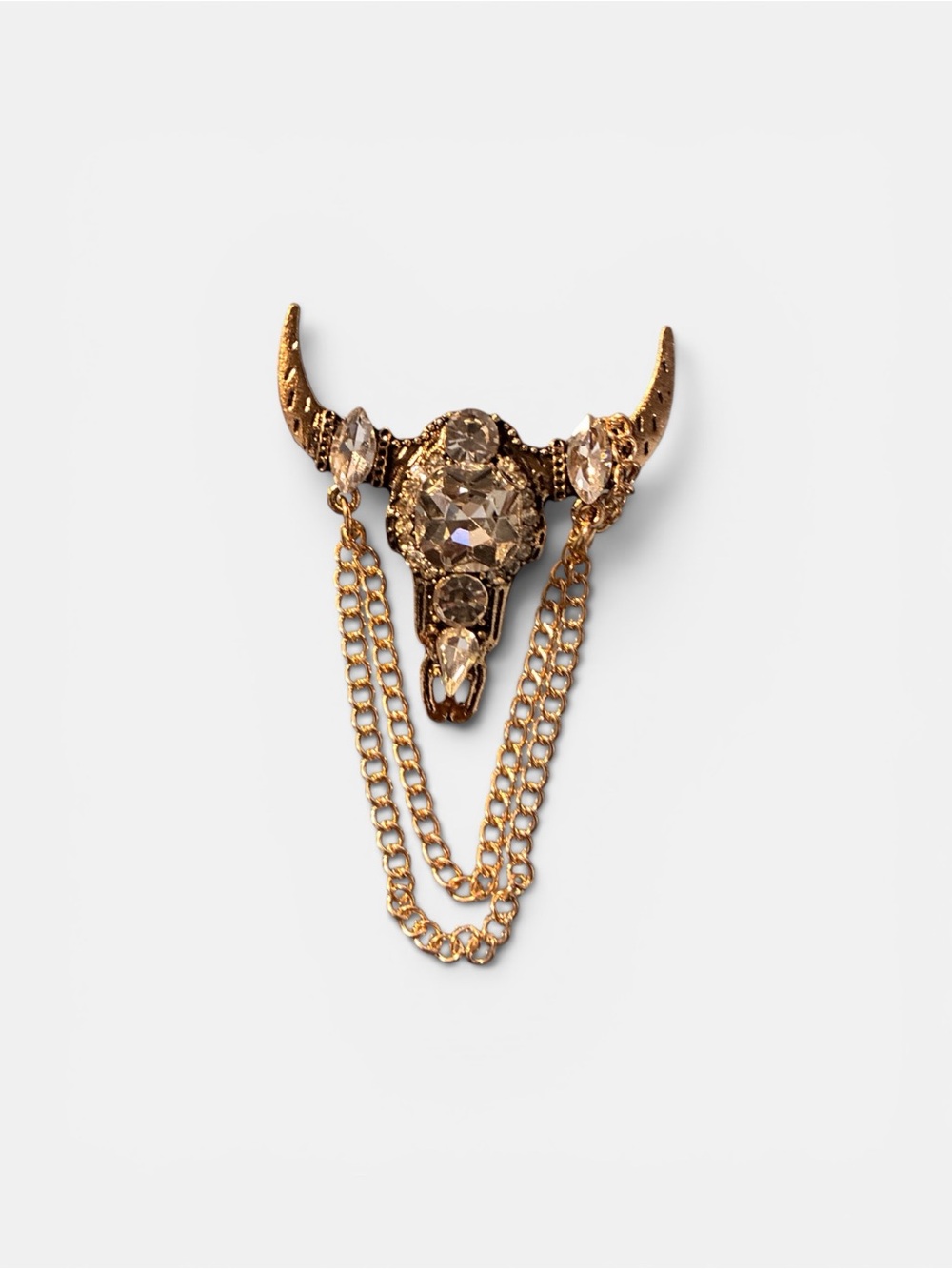 Gold Bull Skull Chain Brooch with Crystal Accents